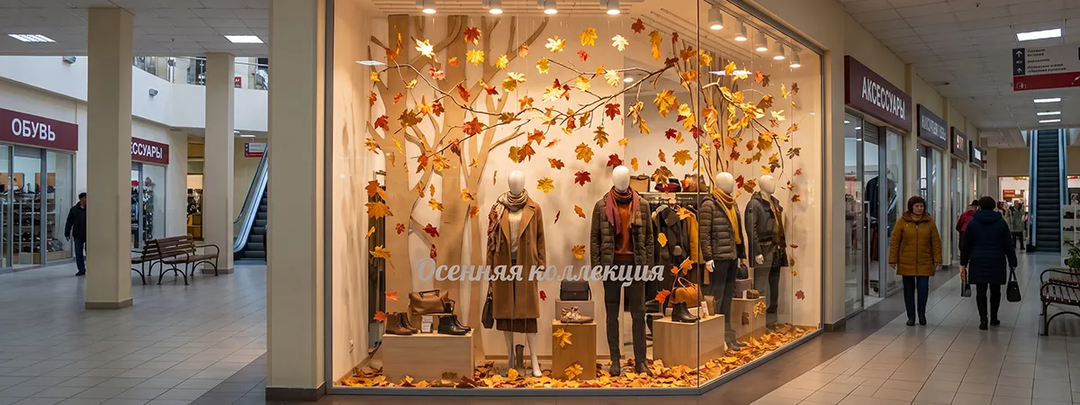 Декор из осенних листьев и веток для осеннего оформления витрины в ТЦ
