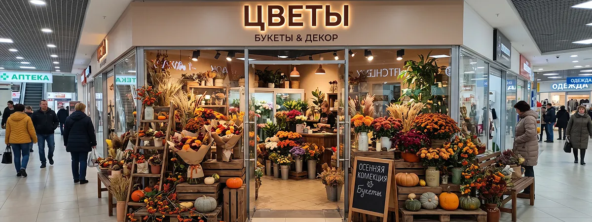 Осеннее оформление витрины магазина цветов в ТЦ