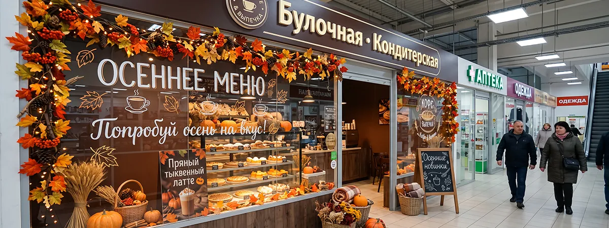 Осенние наклейки, рисунки и надписи на стекле для осеннего оформления витрины в ТЦ